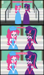 Size: 1920x3240 | Tagged: safe, artist:cartoonmasterv3, derpibooru import, pinkie pie, sci-twi, twilight sparkle, human, undead, zombie, equestria girls, g4, breaking the fourth wall, british, clothes, comic, dress, duo, duo female, female, fourth wall, infected, long dress, long skirt, skirt