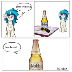 Size: 2124x2124 | Tagged: safe, artist:reddthebat, derpibooru import, dj pon-3, vinyl scratch, pony, unicorn, g4, beer bottle, booze and cruise, bottle, chest fluff, comic, drunk driving, ear fluff, ears, female, floppy ears, horn, implied drunk driving, man i'm so hungry / how hungry, mare, meme, signature, simple background, solo, speech bubble, thought bubble, white background