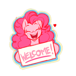 Size: 2000x2000 | Tagged: safe, artist:aer0 zer0, derpibooru import, pinkie pie, earth pony, pony, g4, curly hair, curly mane, eyes closed, happy, heart, hoof hold, hooves, open mouth, open smile, outline, pink mane, sign, simple background, smiling, solo, sticker design, transparent background, welcome sign