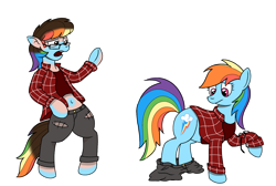 Size: 2450x1650 | Tagged: safe, alternate version, artist:crimson-rune, derpibooru import, rainbow dash, human, pony, g4, alternate character, clothes, female, flannel, human to pony, mare, shirt, simple background, solo, species swap, transformation, transparent background