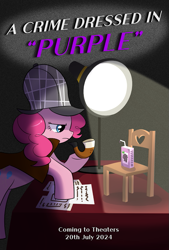 Size: 691x1024 | Tagged: safe, derpibooru import, pinkie pie, earth pony, pony, chair, deerstalker, detective, elements of justice, grape juice, hat, interrogation, juice, juice box, lamp, light, magnifying glass, pipe, poster, sherlock holmes, sherlock pie, solo, table, text, title, title card