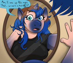 Size: 1280x1106 | Tagged: safe, artist:metallicumbrage, derpibooru import, princess luna, anthro, human, comic, female, human to anthro, mirror, solo, species swap, speech bubble, transformation, transformation sequence