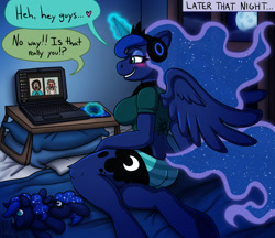 Size: 1280x1106 | Tagged: safe, artist:metallicumbrage, derpibooru import, princess luna, alicorn, anthro, unguligrade anthro, blushing, clothes, comic, computer, female, grin, headphones, human to anthro, laptop computer, plushie, sitting, smiling, species swap, speech bubble, striped underwear, transformation, transformation sequence, underwear, video call