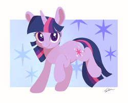 Size: 1480x1194 | Tagged: safe, artist:sion, derpibooru import, twilight sparkle, unicorn twilight, pony, unicorn, g4, backwards cutie mark, bipedal, colored pupils, cute, female, horn, looking at you, mare, passepartout, signature, smiling, smiling at you, solo, twiabetes