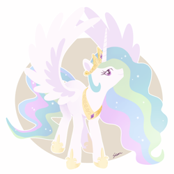 Size: 1300x1300 | Tagged: safe, artist:sion, derpibooru import, princess celestia, alicorn, pony, g4, circle background, colored eyelashes, crown, eyelashes, female, head turn, hoof shoes, jewelry, lineless, looking at you, looking sideways, magenta eyelashes, mare, peytral, princess shoes, profile, regalia, signature, simple background, smiling, smiling at you, solo, spread wings, tiara, white background, white outline, wings