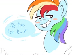 Size: 1732x1326 | Tagged: safe, artist:creaturedeer, derpibooru import, rainbow dash, pegasus, pony, g4, blushing, bust, dialogue, female, grin, lesbian, lidded eyes, sketch, smiling, solo, speech bubble