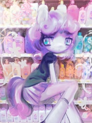 Size: 540x720 | Tagged: safe, artist:ieatedyuripizza, derpibooru import, sweetie belle, anthro, unicorn, clothes, detailed background, female, horn, photo, shirt, skirt, smiling, soap, solo