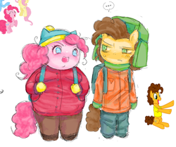 Size: 736x616 | Tagged: safe, artist:ieatedyuripizza, derpibooru import, cheese sandwich, pinkie pie, anthro, earth pony, cheesepie, clothes, cosplay, costume, crossover, duo, duo male and female, eric cartman, fat, female, kyle broflovski, male, pony reference, pudgy pie, shipping, south park, straight