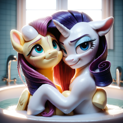 Size: 1280x1280 | Tagged: safe, ai content, derpibooru import, edit, editor:tyto4tme4l, generator:stable diffusion, machine learning generated, fluttershy, rarity, pegasus, pony, unicorn, g4, bathing together, bathroom, bathtub, blurry background, duo, duo female, ears, female, flarity, floppy ears, hoof on head, horn, hug, indoors, lesbian, looking at you, looking up, mare, prompter needed, semi-realistic, shipping, smiling, upper body, water, wet, window