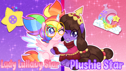 Size: 1920x1080 | Tagged: safe, artist:ladylullabystar, derpibooru import, oc, oc only, oc:lady lullaby star, oc:plushie star, alicorn, earth pony, pony, colored wings, crown, duo, duo female, female, glasses, jewelry, mare, regalia, two toned wings, wings