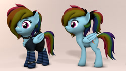 Size: 1920x1080 | Tagged: safe, artist:whiteskypony, derpibooru import, rainbow dash, pony, 3d, bandaid, bandaid on nose, choker, clothes, dress, rainbow goth, socks, solo, spiked choker, striped socks