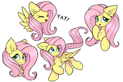 Size: 3000x2000 | Tagged: safe, artist:rejiser, derpibooru import, fluttershy, pegasus, pony, g4, chest fluff, cute, daaaaaaaaaaaw, ear fluff, ears, female, floppy ears, flying, looking at you, open mouth, raised hoof, raised leg, shyabetes, simple background, smiling, smiling at you, spread wings, tail, white background, wings, yay