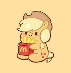 Size: 1124x1150 | Tagged: safe, artist:新晋居民_5004998, derpibooru import, applejack, earth pony, pony, g4, blushing, chibi, cute, female, food, french fries, jackabetes, mare, mcdonald's, orange background, potato, simple background, sitting, smiling