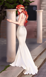 Size: 1146x1920 | Tagged: source needed, safe, artist:thebrokencog, derpibooru import, sunset shimmer, human, equestria girls, g4, background, backless, backless dress, beautiful, beautiful eyes, beautiful hair, beautisexy, breasts, bust, cog's glamour girls, commission, ear piercing, earring, female, humanized, jewelry, looking at you, piercing, portrait, sideboob, smiling, smiling at you, solo, stupid sexy sunset shimmer, sunset jiggler, white dress