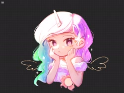 Size: 2160x1620 | Tagged: safe, artist:sixbingxue, derpibooru import, princess celestia, human, hands on cheeks, horn, horned humanization, humanized, looking at you, patterned background, solo, wings, younger