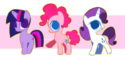 Size: 3334x1624 | Tagged: safe, artist:syrupyyy, derpibooru import, pinkie pie, rarity, twilight sparkle, unicorn twilight, earth pony, pony, unicorn, g4, chibi, cute, diapinkes, female, horn, mare, no catchlights, no pupils, raised hoof, raised leg, raribetes, tail, trio, trio female, twiabetes, watermark