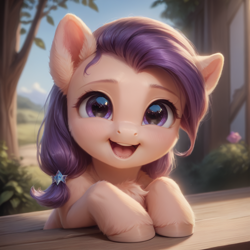 Size: 1024x1024 | Tagged: safe, ai content, derpibooru exclusive, derpibooru import, generator:stable diffusion, machine learning generated, oc, oc only, earth pony, pony, g4, adorable face, bench, cheek fluff, chest fluff, cute, detailed, ear fluff, ears, female, filly, fluffy, foal, generator:bluefox mix, happy, hoof fluff, looking at you, mare, ocbetes, open mouth, open smile, prompter:adorablebluefox, purple eyes, purple mane, smiling, smiling at you, solo, tree, weapons-grade cute