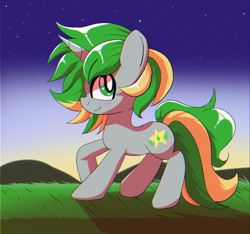 Size: 1600x1500 | Tagged: safe, artist:trackheadtherobopony, derpibooru import, oc, oc only, oc:emerald star, pony, unicorn, artfight, big eyes, big mane, blush scribble, blushing, gift art, grass, gray coat, green eyes, horn, long tail, male, ponysona, profile, shiny mane, shiny tail, solo, sparkly eyes, sunset, tail, trans male, transgender, transgender oc, two toned mane, two toned tail, unicorn oc, walking, wingding eyes