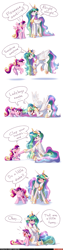 Size: 2894x11559 | Tagged: safe, artist:lummh, artist:shore2020, derpibooru import, princess cadance, princess celestia, alicorn, pony, collaboration, comic:the princess of love, g4, 6 panel comic, absurd resolution, aunt and niece, blushing, bow, butt shake, comic, crossed hooves, cute, cutedance, cutelestia, daaaaaaaaaaaw, dialogue, duo, duo female, ears, emanata, eye clipping through hair, eyes closed, female, filly, filly cadance, floppy ears, foal, grin, hair bow, height difference, hoofbump, laughing, looking at each other, looking at someone, mare, open mouth, open smile, signature, simple background, sitting, smiling, smiling at each other, speech bubble, spread wings, sunshine sunshine, tall, teen princess cadance, wavy mouth, weapons-grade cute, white background, wings, younger