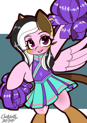 Size: 744x1052 | Tagged: safe, artist:chiefywiffy, derpibooru import, oc, oc only, pony, cheerleader, cheerleader outfit, clothes, commission, female, mare, pom pom, simple background, solo, ych result