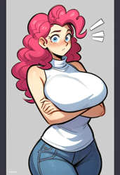 Size: 832x1216 | Tagged: safe, ai content, derpibooru import, generator:pony diffusion v6 xl, generator:stable diffusion, machine learning generated, pinkie pie, human, g4, bare shoulders, big breasts, blue eyes, blushing, breasts, clothes, crossed arms, curly hair, denim, eyebrows, eyelashes, female, gray background, huge breasts, humanized, jeans, looking at you, pants, pink hair, pinkie pies, prompter:ilya efimov, simple background, sleeveless, sleeveless turtleneck, solo, standing, surprised, sweater, turtleneck