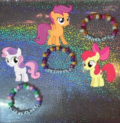 Size: 699x720 | Tagged: safe, artist:lnx1ynight16, derpibooru import, part of a set, apple bloom, scootaloo, sweetie belle, earth pony, pegasus, pony, unicorn, bracelet, cutie mark crusaders, female, horn, jewelry, kandi, smiling, trio, trio female, unicorn horn, wings