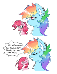 Size: 770x1000 | Tagged: safe, artist:puffyrin, derpibooru import, pinkie pie, rainbow dash, pony, cross-popping veins, crying, dialogue, duo, duo female, ear piercing, emanata, female, i'm not calling you good boy, mare, meme, piercing, pinkamena diane pie, rejection, simple background, vulgar, white background