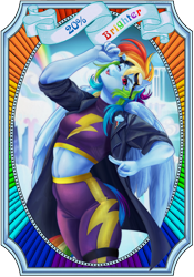 Size: 1050x1500 | Tagged: safe, artist:mifionn, derpibooru import, rainbow dash, anthro, pegasus, fanfic:rainbow factory, clothes, costume, fanfic art, female, one eye closed, pose, poster, rainbow factory dash, shadowbolt dash, shadowbolts costume, smiling, solo, trenchcoat, wink