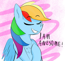 Size: 529x493 | Tagged: safe, artist:theonlyone, derpibooru import, rainbow dash, pegasus, pony, g4, abstract background, chest fluff, clip studio paint, female, grin, mare, multicolored hair, rainbow hair, smiling, solo, text