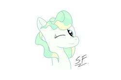 Size: 1303x862 | Tagged: safe, artist:solemnfutury, derpibooru import, vapor trail, pegasus, pony, g4, female, looking at you, mare, one eye closed, simple background, smiling, smiling at you, solo, white background, wink, winking at you