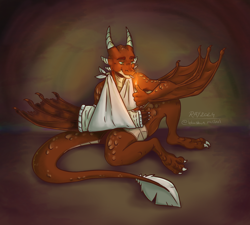 Size: 3000x2700 | Tagged: safe, artist:blushinrachel, derpibooru import, oc, oc only, oc:ash, dragon, bandage, broken bone, broken wing, cast, cigarette, claws, colored wings, commission, dragon oc, dragonified, injured, magic, non-pony oc, nonbinary, pyrokinesis, sling, smoking, solo, species swap, tail, wings, wyvern