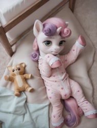 Size: 1016x1336 | Tagged: safe, ai content, derpibooru import, generator:stable diffusion, machine learning generated, sweetie belle, pony, unicorn, abdl, baby, baby pony, bed, bedroom, blanket, clothes, diaper, diaper under clothes, female, filly, foal, generator:pony realism 2.1, hooves, horn, lying down, non-baby in diaper, on back, onesie, pajamas, plushie, prompter:cayuse, realistic, solo, solo female, tail, uncanny valley