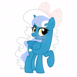 Size: 6890x6890 | Tagged: safe, artist:riofluttershy, derpibooru import, oc, oc only, oc:fleurbelle, alicorn, pony, alicorn oc, bangs, blue coat, blushing, bow, eyelashes, female, female oc, folded wings, golden eyes, hair accessory, hair bow, horn, long mane, long tail, looking back, mare, mare oc, missing horn, raised hoof, raised leg, show accurate, simple background, smiling, solo, standing, standing on three hooves, tail, tail accessory, two toned mane, two toned tail, wavy mane, wavy tail, white background, wings