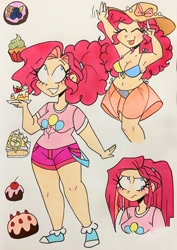 Size: 2087x2943 | Tagged: safe, artist:citi, derpibooru import, pinkie pie, human, beach hat, bikini, cake, clothes, cupcake, eyes closed, female, food, happy, hat, humanized, pie, pinkamena diane pie, shorts, smiling, swimsuit, tongue, tongue out