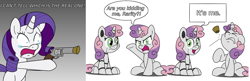 Size: 2768x900 | Tagged: safe, artist:unitxxvii, derpibooru import, rarity, sweetie belle, sweetie bot, pony, robot, robot pony, unicorn, g4, cork, cork gun, crying, dialogue, duality, duo, duo female, eyes closed, female, filly, foal, frown, gradient background, gritted teeth, hoof hold, horn, looking at you, mare, missing cutie mark, open mouth, open smile, pop gun, self paradox, self ponidox, simple background, sitting, smiling, smiling at you, solo, speech bubble, spot the imposter, teary eyes, teeth, text, white background