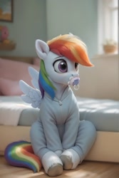 Size: 1200x1792 | Tagged: safe, ai content, derpibooru import, generator:stable diffusion, machine learning generated, rainbow dash, pegasus, pony, abdl, bed, bedroom, clothes, generator:pony realism 2.1, hooves, onesie, pacifier, pajamas, prompter:cayuse, realistic, sitting, wings