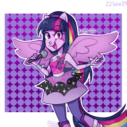 Size: 1280x1280 | Tagged: safe, artist:kikimi34454, derpibooru import, twilight sparkle, human, equestria girls, g4, alternate hairstyle, boots, clothes, cute, deviantart watermark, dress, face paint, female, microphone, midriff, obtrusive watermark, open mouth, ponied up, shoes, solo, spread wings, twiabetes, watermark, wings