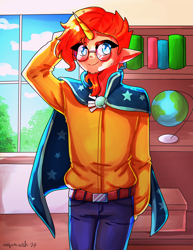 Size: 2550x3300 | Tagged: safe, artist:mylittleyuri, derpibooru import, sunburst, human, belt, blushing, cloak, clothes, dark skin, denim, elf ears, glasses, globe, horn, horned humanization, humanized, jeans, male, pants, shirt, solo, sunburst's cloak, vitiligo, window