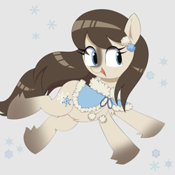 Size: 2000x2000 | Tagged: safe, artist:spoonie, derpibooru import, oc, oc only, oc:frosty flakes, earth pony, pony, blushing, cute, female, head turn, looking sideways, looking to side, looking to the right, mare, ocbetes, open mouth, open smile, outfit, side view, smiling, snow, snowflake, snowpony, snowpony (species), solo, taiga pony, yakutian horse