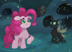 Size: 2397x1752 | Tagged: safe, artist:swasfews, derpibooru import, pinkie pie, queen chrysalis, oc, changeling, earth pony, balloon, changeling oc, confetti, disguise, disguised changeling, duo