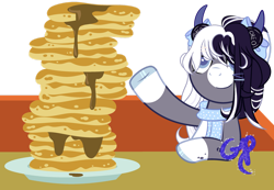 Size: 1280x888 | Tagged: safe, artist:galaxy-paradise, derpibooru import, oc, oc:oreo cream, pegasus, pony, base used, clothes, female, food, imminent stuffing, mare, pancakes, scarf, solo