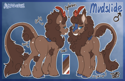 Size: 4080x2640 | Tagged: safe, artist:bagelbytes, derpibooru import, oc, oc only, oc:mudslide, kirin, abstract background, blue eyes, blue hooves, brown coat, butt, chest fluff, cloven hooves, color palette, colored ear tufts, colored hooves, colored muzzle, colored pinnae, ear fluff, ear markings, ear tufts, ears, eyelashes, feather, femboy, freckles, heart, heart mark, hock fluff, hooves, horn, kirin oc, leg fluff, leg markings, lidded eyes, long mane, long tail, male, male oc, oc redesign, outline, plot, raised tail, reference sheet, sfw version, signature, smiling, solo, spots, tail, text, three toned ears