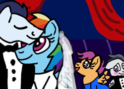 Size: 413x298 | Tagged: safe, artist:yoyoswing555, rainbow dash, rumble, scootaloo, soarin', pegasus, pony, bride, clothes, colt, dress, female, filly, foal, groom, male, mare, marriage, rumbloo, shipping, soarindash, stallion, straight, wedding