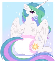 Size: 1828x2021 | Tagged: safe, artist:cotapesa, derpibooru import, princess celestia, alicorn, pony, adult foal, butt, diaper, diaper butt, diaper fetish, female, fetish, gradient background, looking at you, looking back, looking back at you, mare, non-baby in diaper, pacifier, passepartout, plot, poofy diaper, sitting, solo, sparkles, spread wings, tail, tail hole, wings