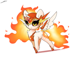 Size: 3000x2300 | Tagged: safe, artist:skitsroom, derpibooru import, daybreaker, alicorn, pony, g4, chest fluff, chibi, cute, daaaaaaaaaaawbreaker, female, fire, floating wings, helmet, hoof shoes, jewelry, mare, regalia, signature, simple background, solo, spread wings, white background, wings