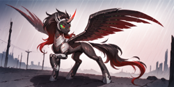 Size: 2400x1200 | Tagged: safe, ai content, derpibooru import, machine learning generated, king sombra, alicorn, cyborg, pony, robot, alicornified, armor, concave belly, prompter:greesys, race swap, rain, rule 63, slender, solo, sombracorn, spread wings, thin, wings