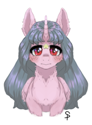 Size: 1080x1466 | Tagged: safe, artist:hotcurrykatsu, derpibooru import, oc, oc only, alicorn, anime eyes, blushing, bust, cheek fluff, chest fluff, cute, ear fluff, ears, female, horn, long mane, magenta eyes, mare, pink coat, profile picture, simple background, solo, white background