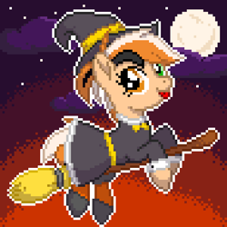 Size: 480x480 | Tagged: safe, artist:elwakaz, derpibooru import, pony, :p, broom, digital art, flying, flying broomstick, hat, heterochromia, moon, pixel art, smiling, solo, tongue, tongue out, witch, witch hat