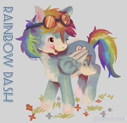 Size: 900x874 | Tagged: safe, artist:arterija, derpibooru import, rainbow dash, pegasus, pony, g4, 80s, cute, cutie mark, fanart, gray background, redesign, simple background, solo, wings