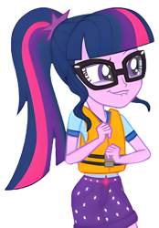 Size: 2795x4018 | Tagged: safe, derpibooru import, edit, edited screencap, screencap, sci-twi, twilight sparkle, equestria girls, g4, legend of everfree, background removed, belt, belt buckle, blooper, camp everfree outfits, clothes, female, glasses, lifejacket, lip bite, out of context, ponytail, shirt, shorts, simple background, solo, transparent background